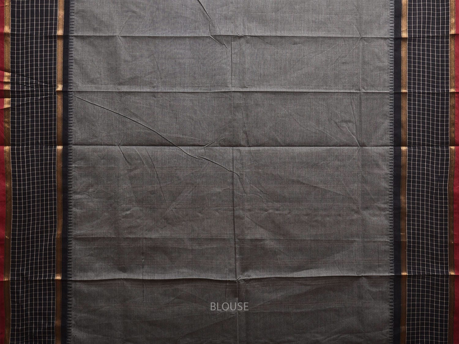 Grey and Black Kanchipuram Cotton Plain Saree with Strips Pallu and Checks Border Design k0746