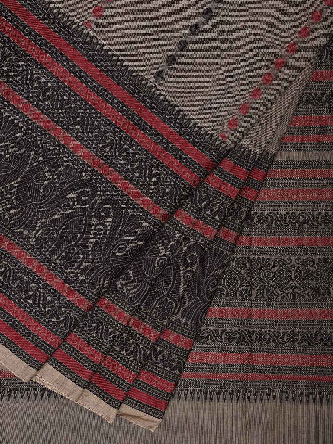 Grey and Black Kanchipuram Cotton Saree with Pallu and Big Border Design k0755