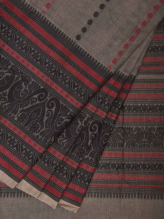 Grey and Black Kanchipuram Cotton Saree with Pallu and Big Border Design k0755