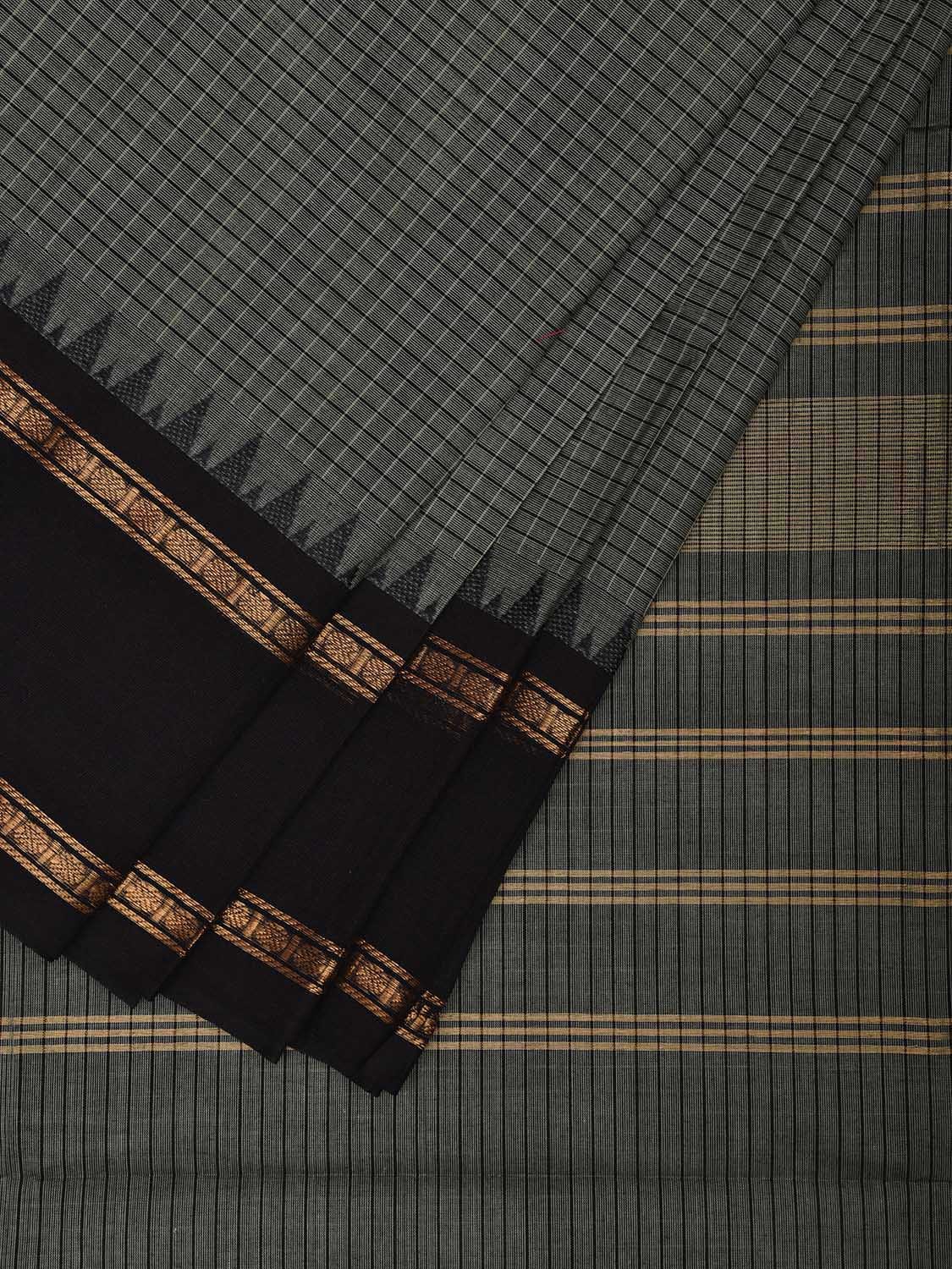 Grey and Black Kanchipuram Cotton Saree with Strips Pallu and Checks Design k0754
