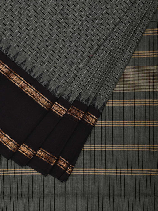 Grey and Black Kanchipuram Cotton Saree with Strips Pallu and Checks Design k0754