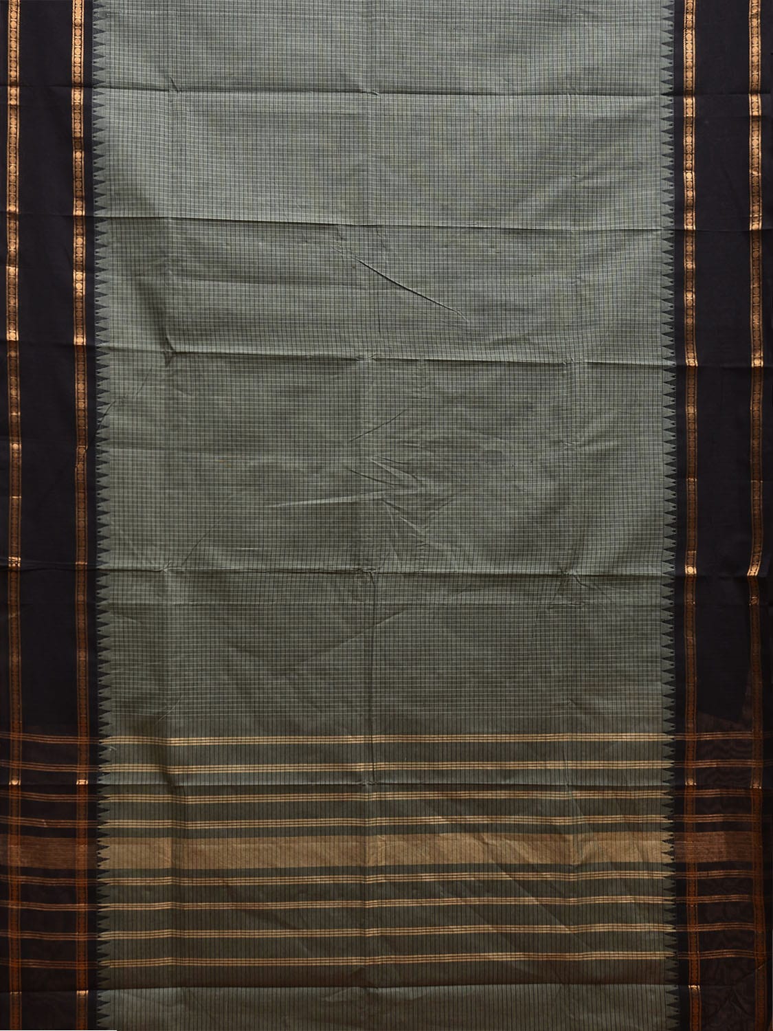 Grey and Black Kanchipuram Cotton Saree with Strips Pallu and Checks Design k0754