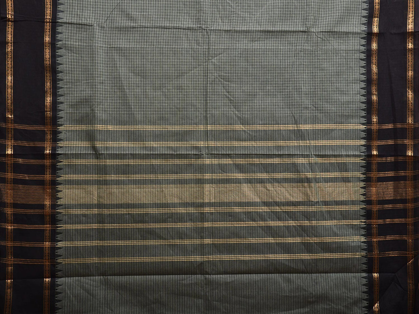 Grey and Black Kanchipuram Cotton Saree with Strips Pallu and Checks Design k0754