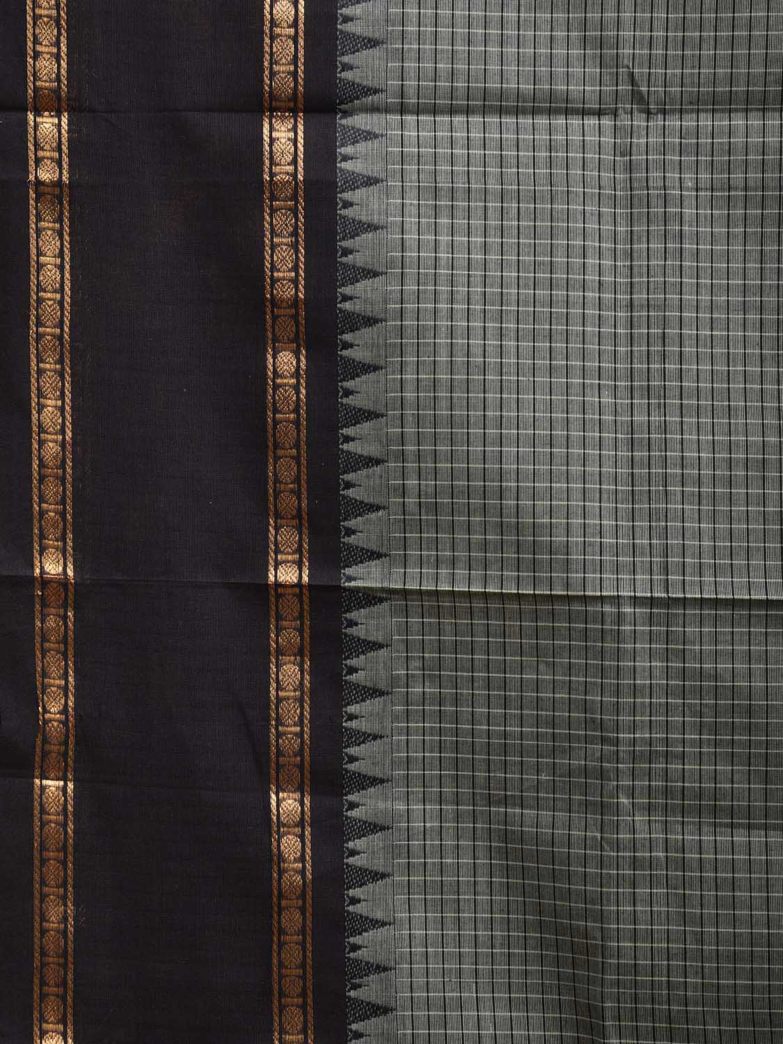 Grey and Black Kanchipuram Cotton Saree with Strips Pallu and Checks Design k0754