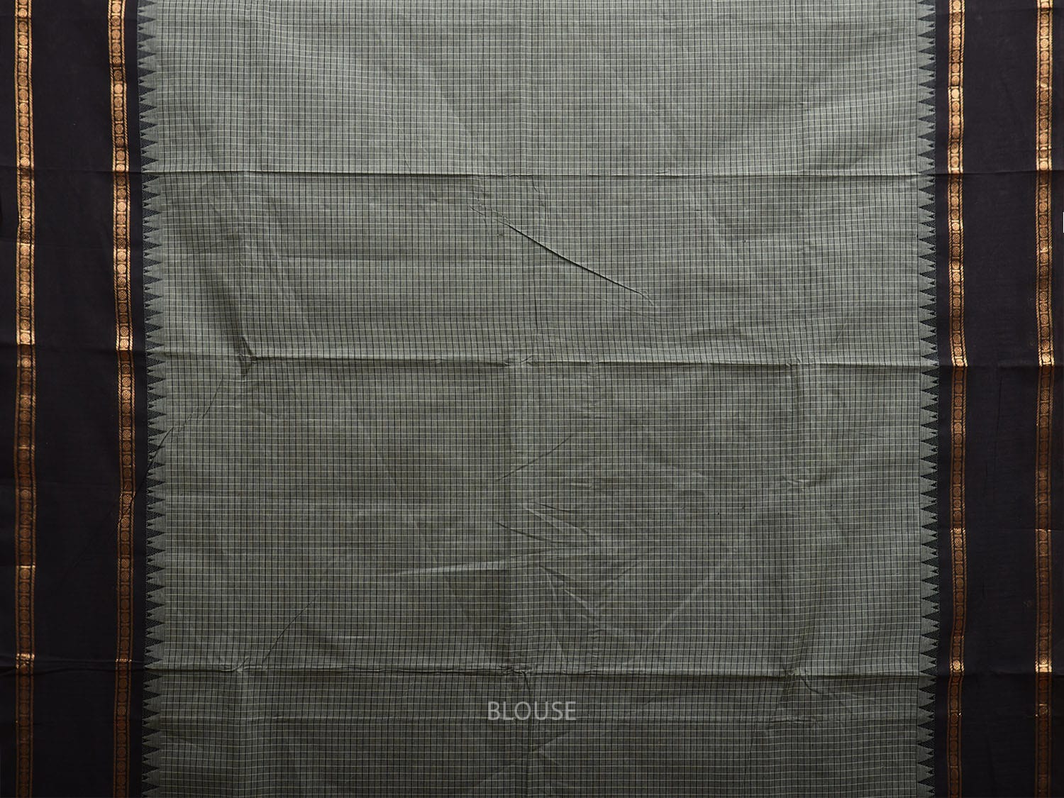 Grey and Black Kanchipuram Cotton Saree with Strips Pallu and Checks Design k0754