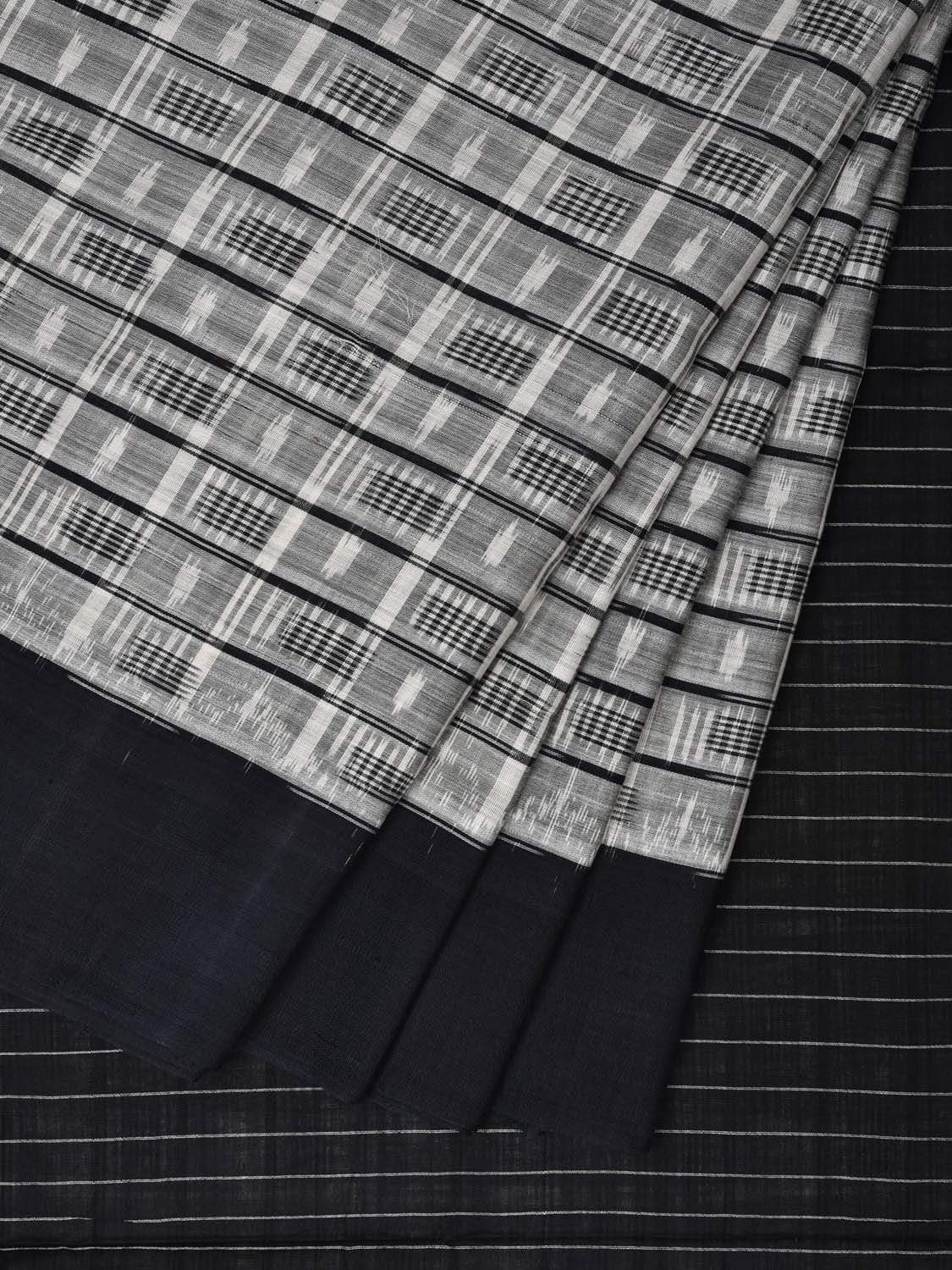 Grey and Black Pochampally Ikat Cotton Handloom Saree with Small Checks Design i0596