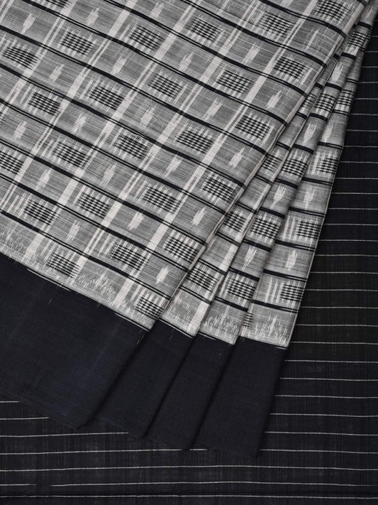 Grey and Black Pochampally Ikat Cotton Handloom Saree with Small Checks Design i0596