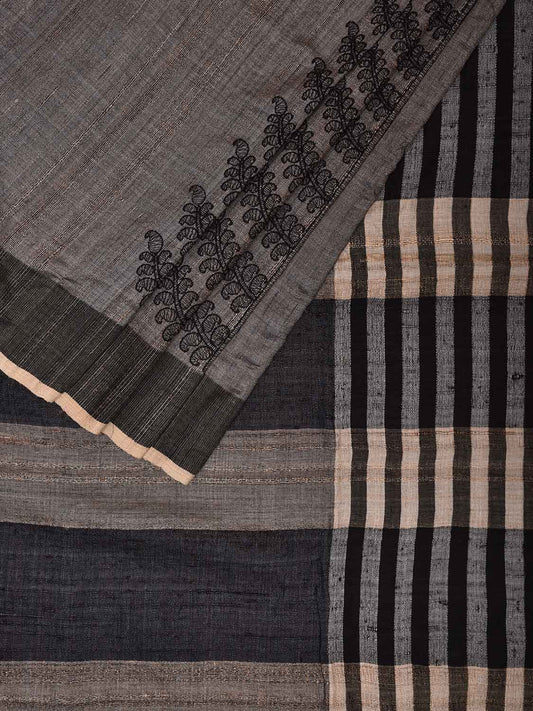 Grey and Black Tussar Saree with Strips Body and Pallu Design o0554