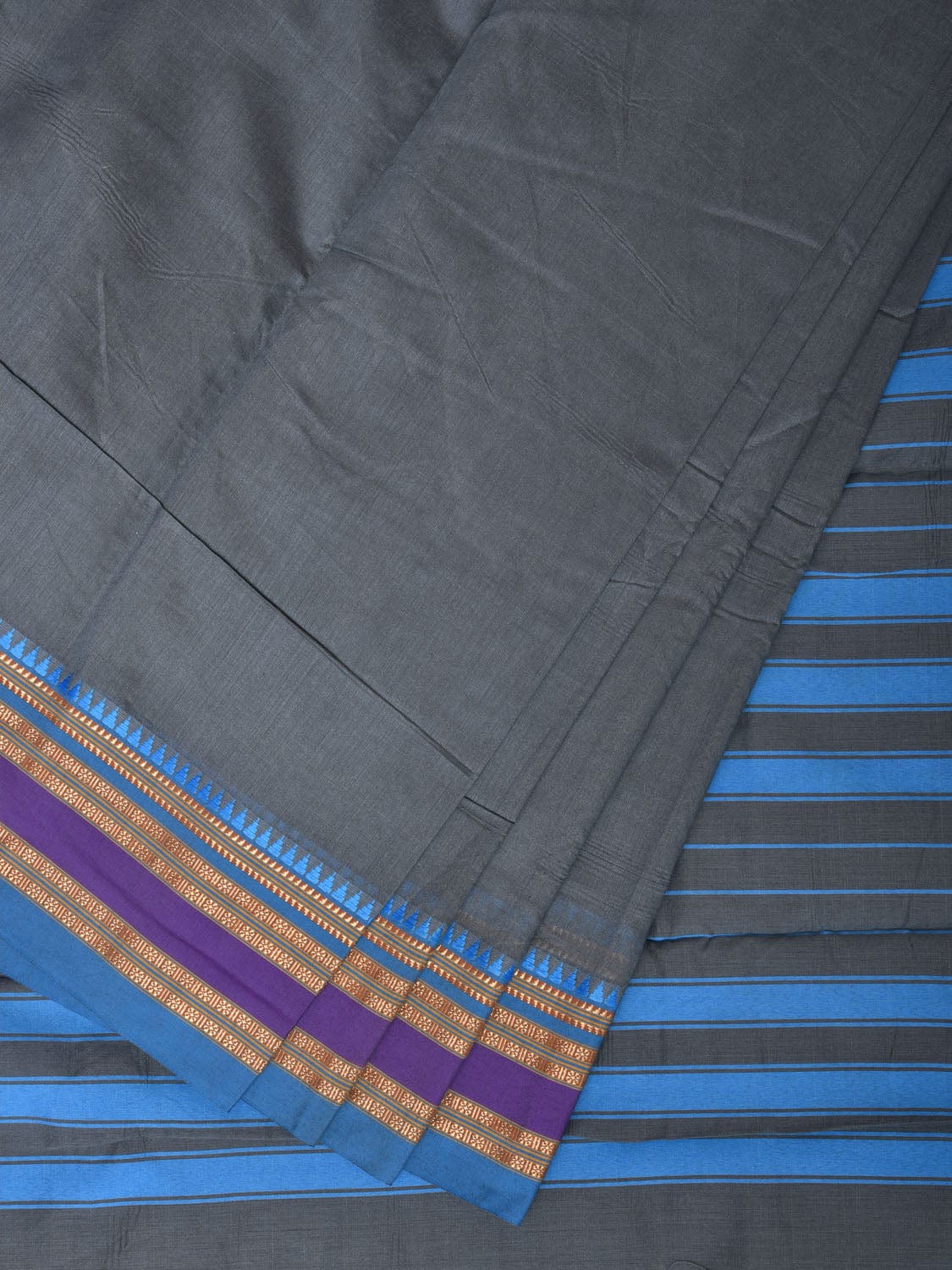 Grey and Blue Bamboo Cotton Plain Saree with Small Tmeple Border Design No Blouse bc0156