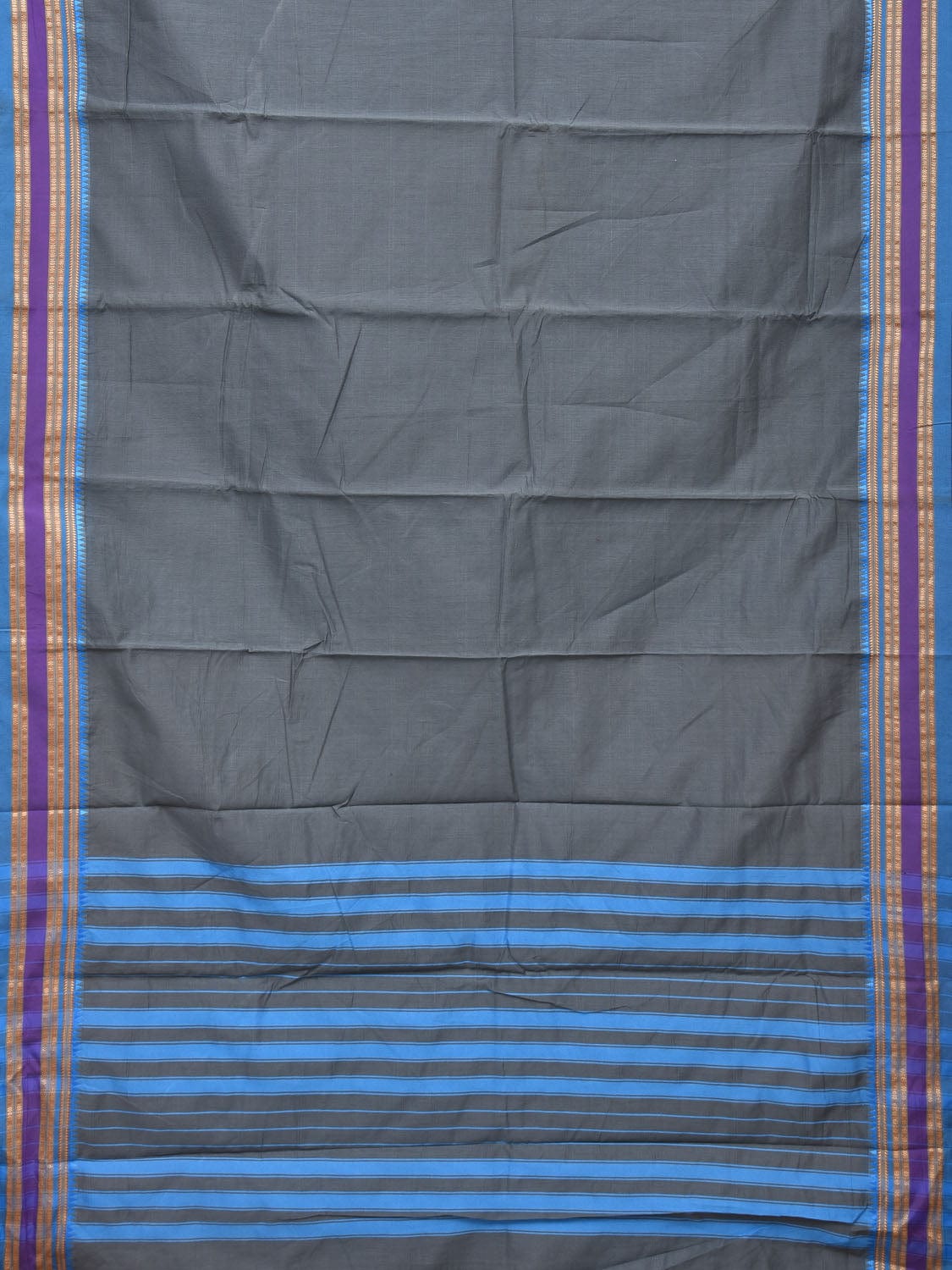 Grey and Blue Bamboo Cotton Plain Saree with Small Tmeple Border Design No Blouse bc0156
