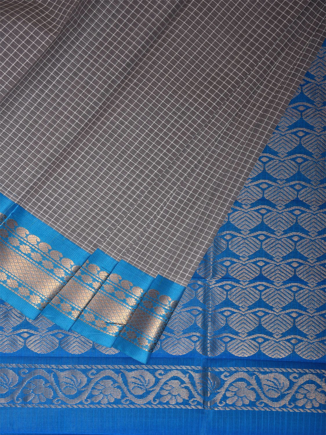 Grey and Blue Gadwal Cotton Viscose Saree with Checks and Pallu Design No Blouse g0471