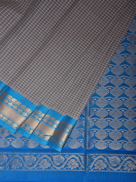 Grey and Blue Gadwal Cotton Viscose Saree with Checks and Pallu Design No Blouse g0471