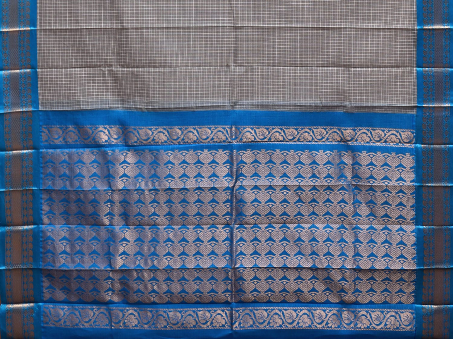 Grey and Blue Gadwal Cotton Viscose Saree with Checks and Pallu Design No Blouse g0471