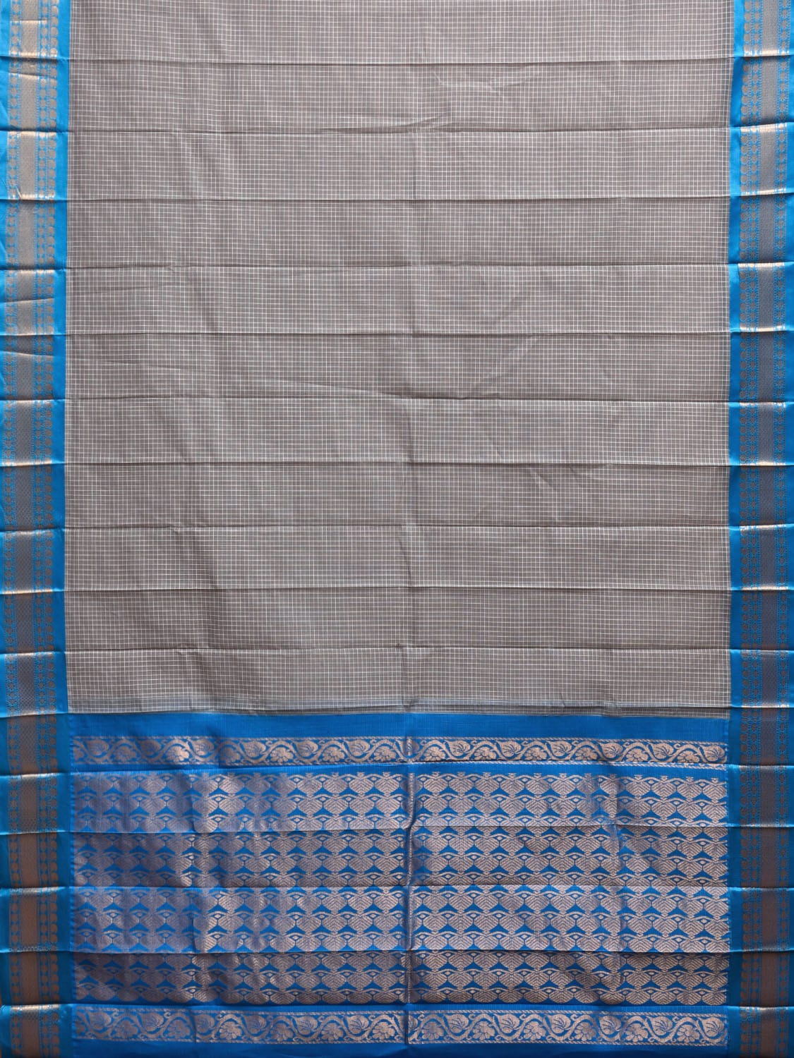 Grey and Blue Gadwal Cotton Viscose Saree with Checks and Pallu Design No Blouse g0471