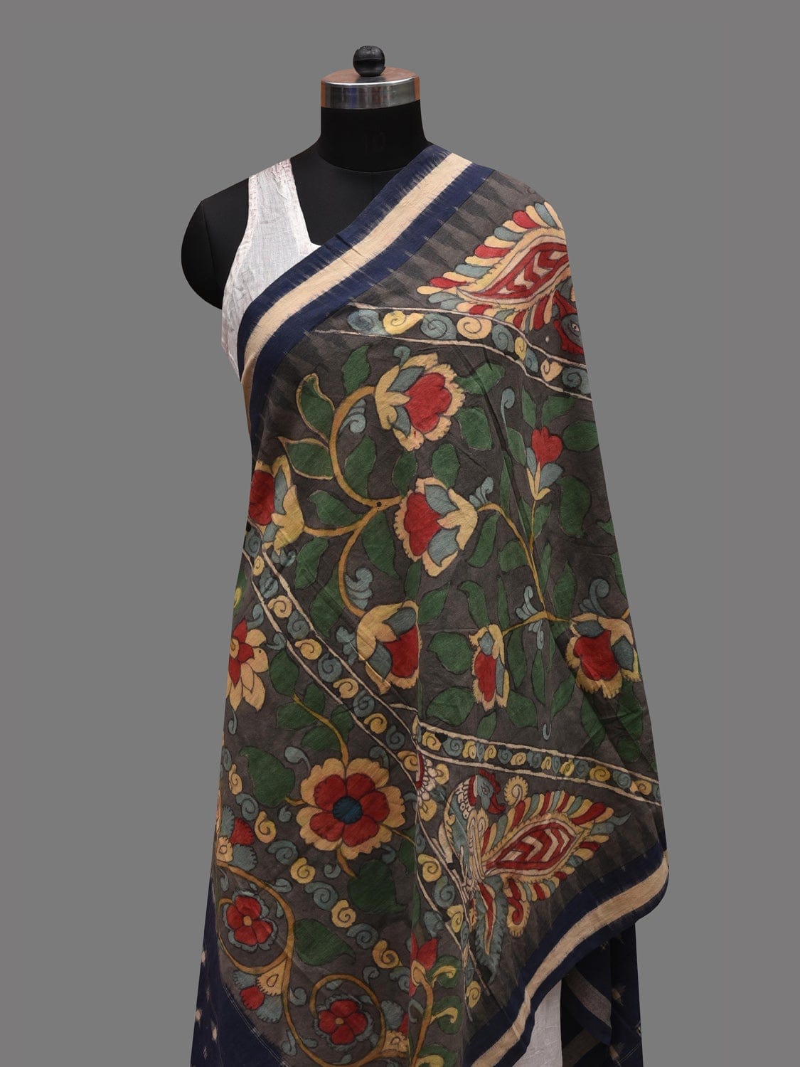 Grey and Blue Kalamkari Hand Painted Ikat Cotton Handloom Dupatta with Floral and Peacocks Design ds2614