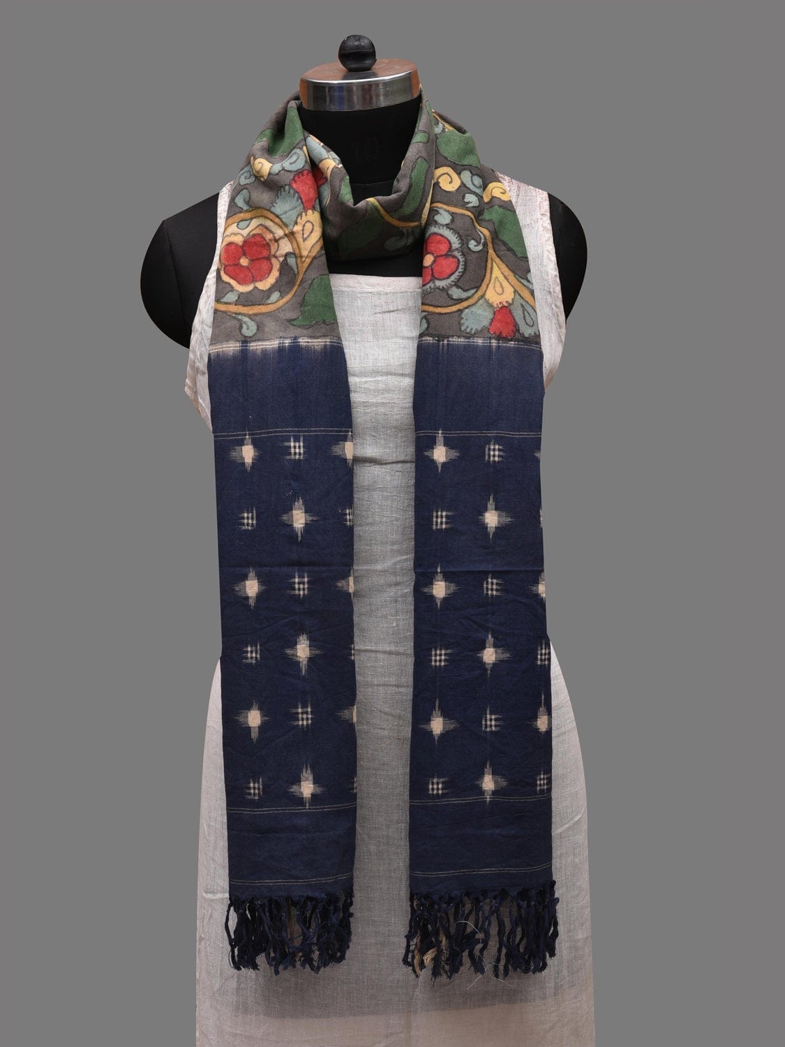 Grey and Blue Kalamkari Hand Painted Ikat Cotton Handloom Dupatta with Floral and Peacocks Design ds2614