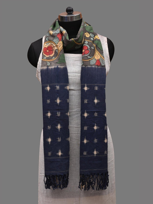 Grey and Blue Kalamkari Hand Painted Ikat Cotton Handloom Dupatta with Floral and Peacocks Design ds2614