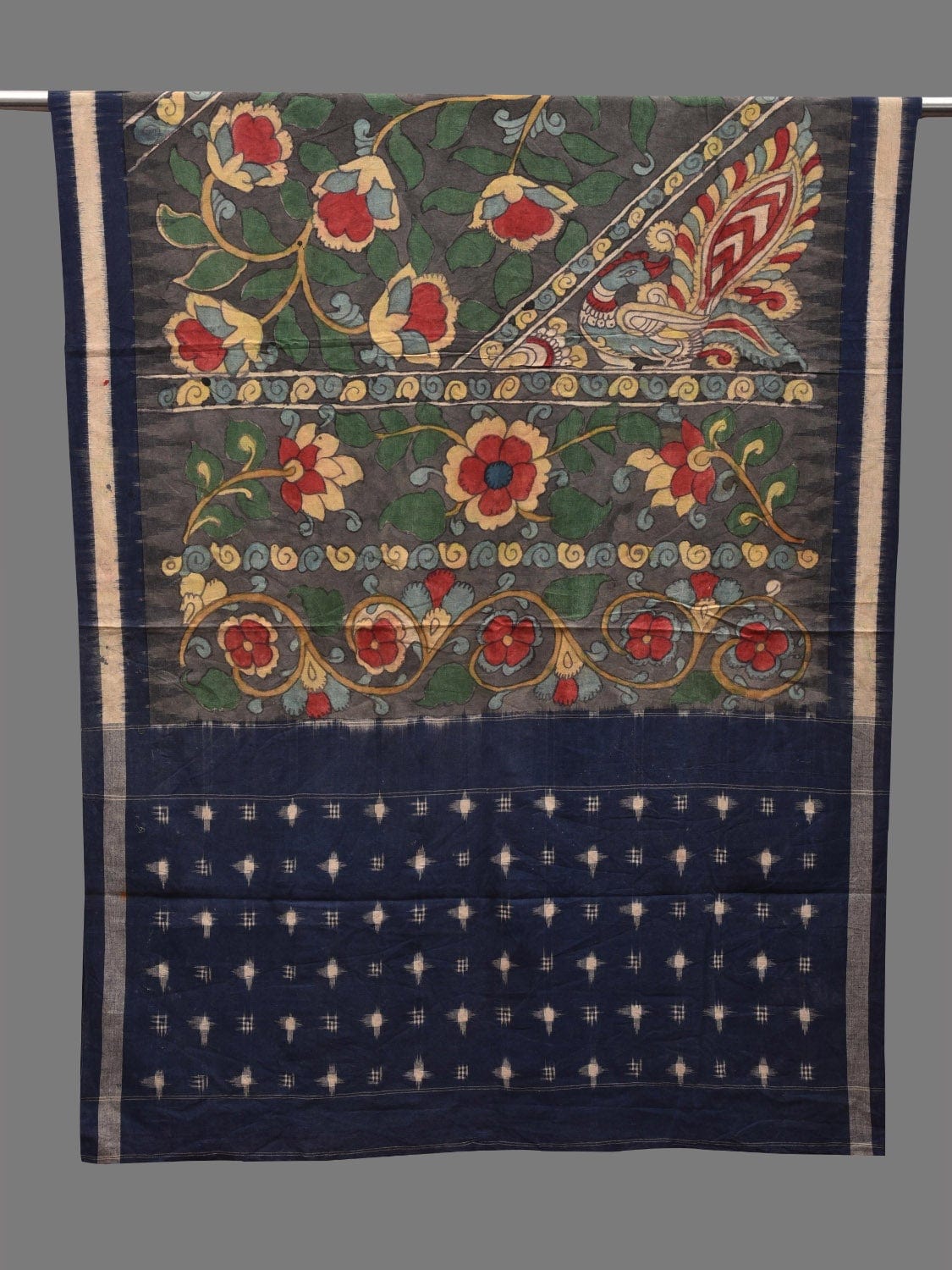 Grey and Blue Kalamkari Hand Painted Ikat Cotton Handloom Dupatta with Floral and Peacocks Design ds2614