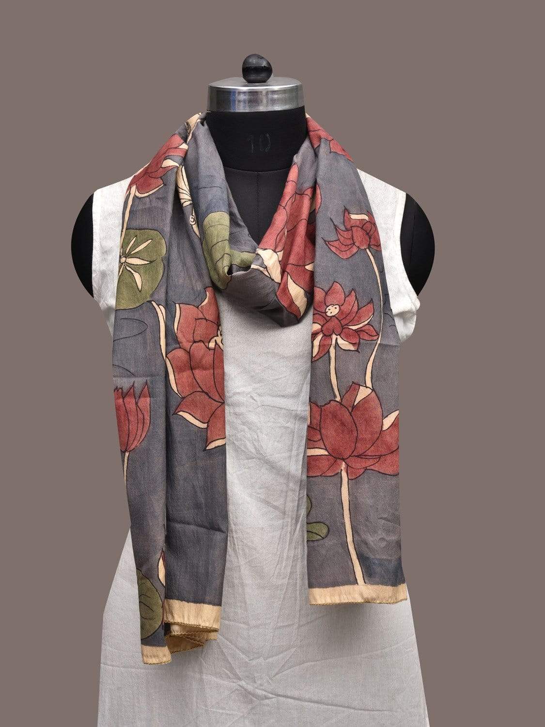 Grey and Blue Kalamkari Hand Painted Silk Stole with Lotus Flowers and Fishes Design ds2312