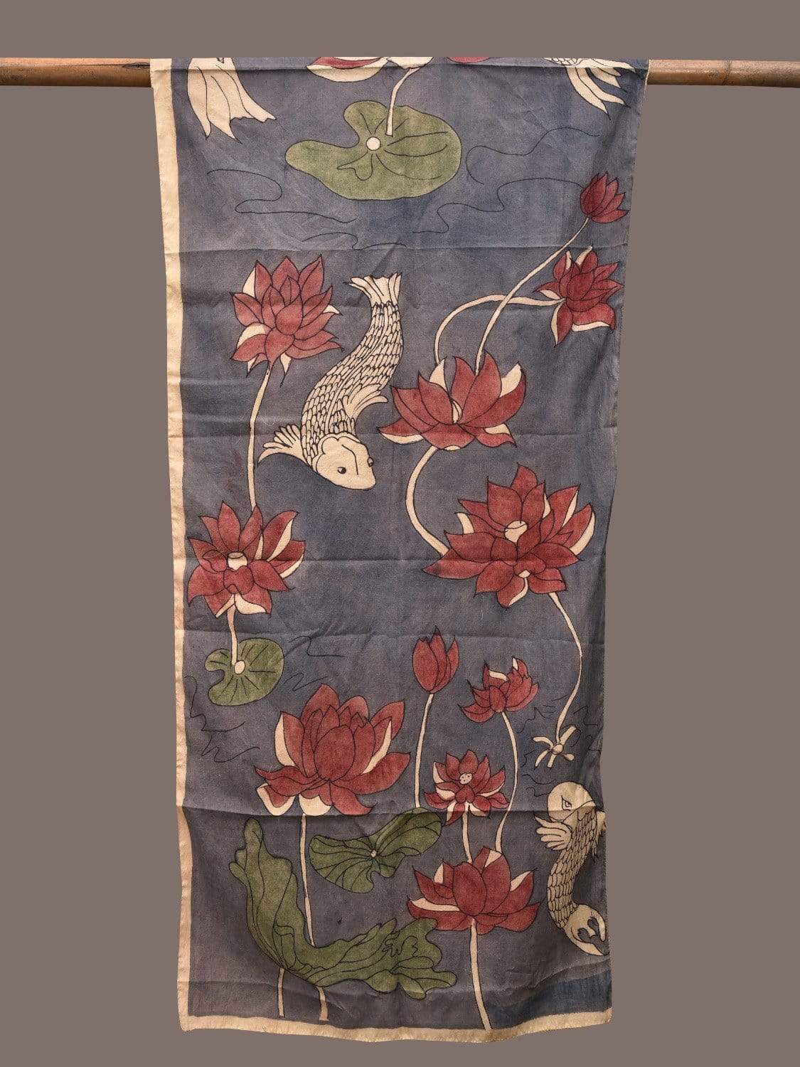Grey and Blue Kalamkari Hand Painted Silk Stole with Lotus Flowers and Fishes Design ds2312