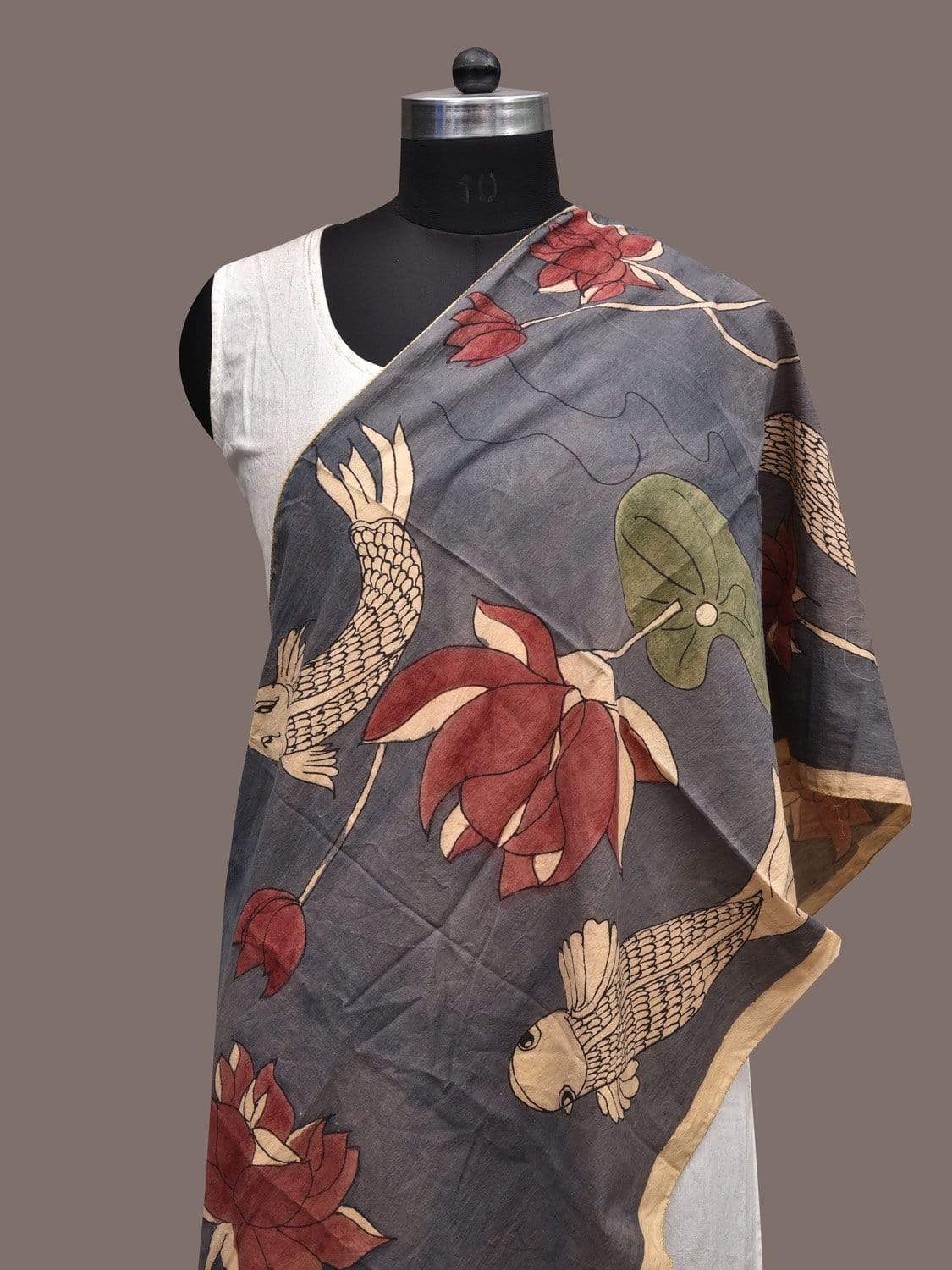 Grey and Blue Kalamkari Hand Painted Silk Stole with Lotus Flowers and Fishes Design ds2312