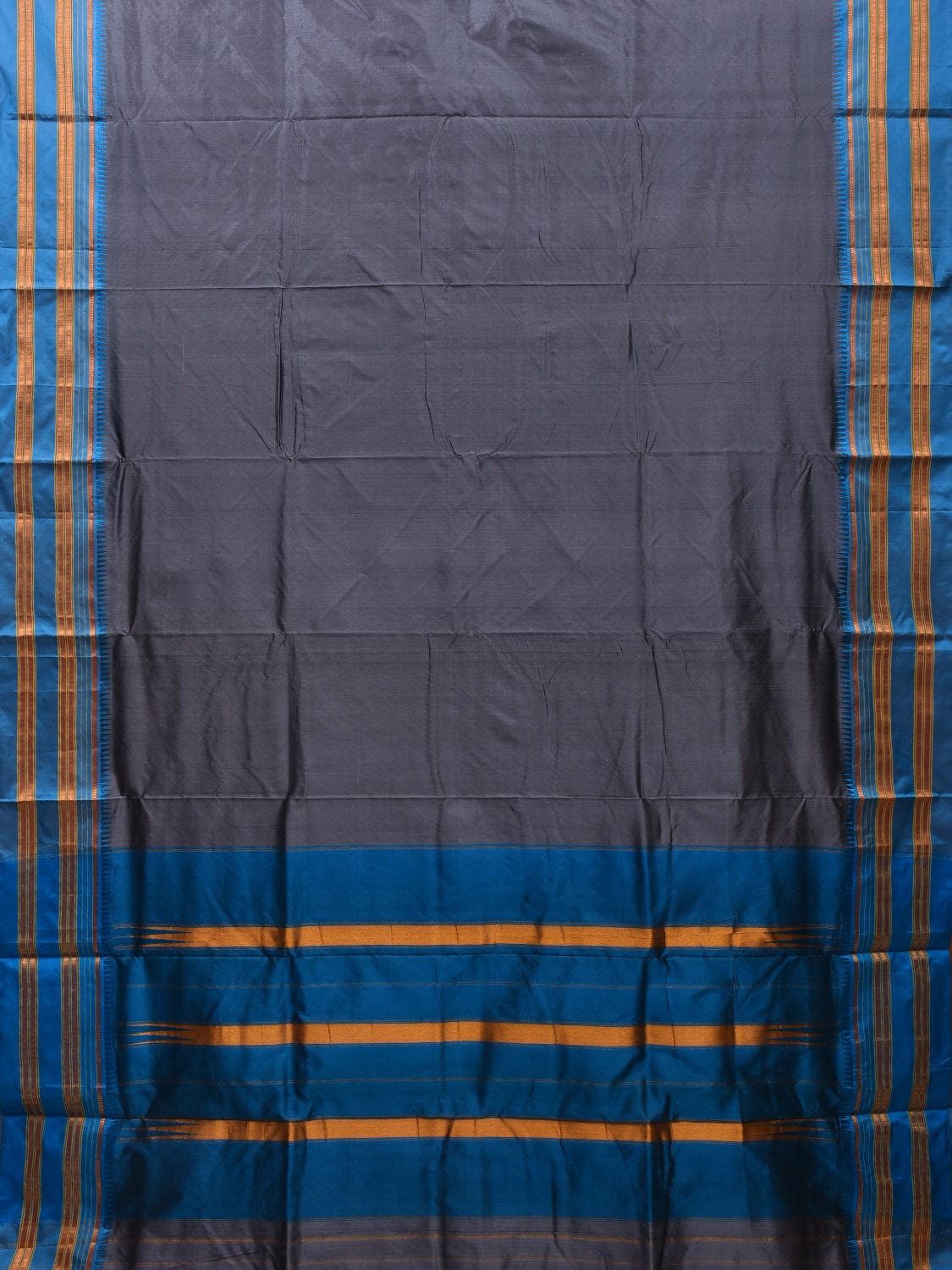 Grey and Blue Narayanpet Silk Handloom Plain Saree with Traditional Border Design No Blouse np0640