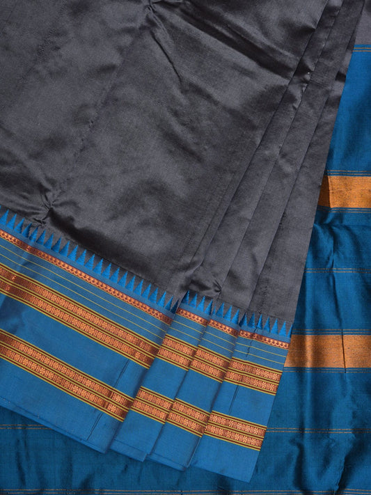 Grey and Blue Narayanpet Silk Handloom Plain Saree with Traditional Border Design No Blouse np0640