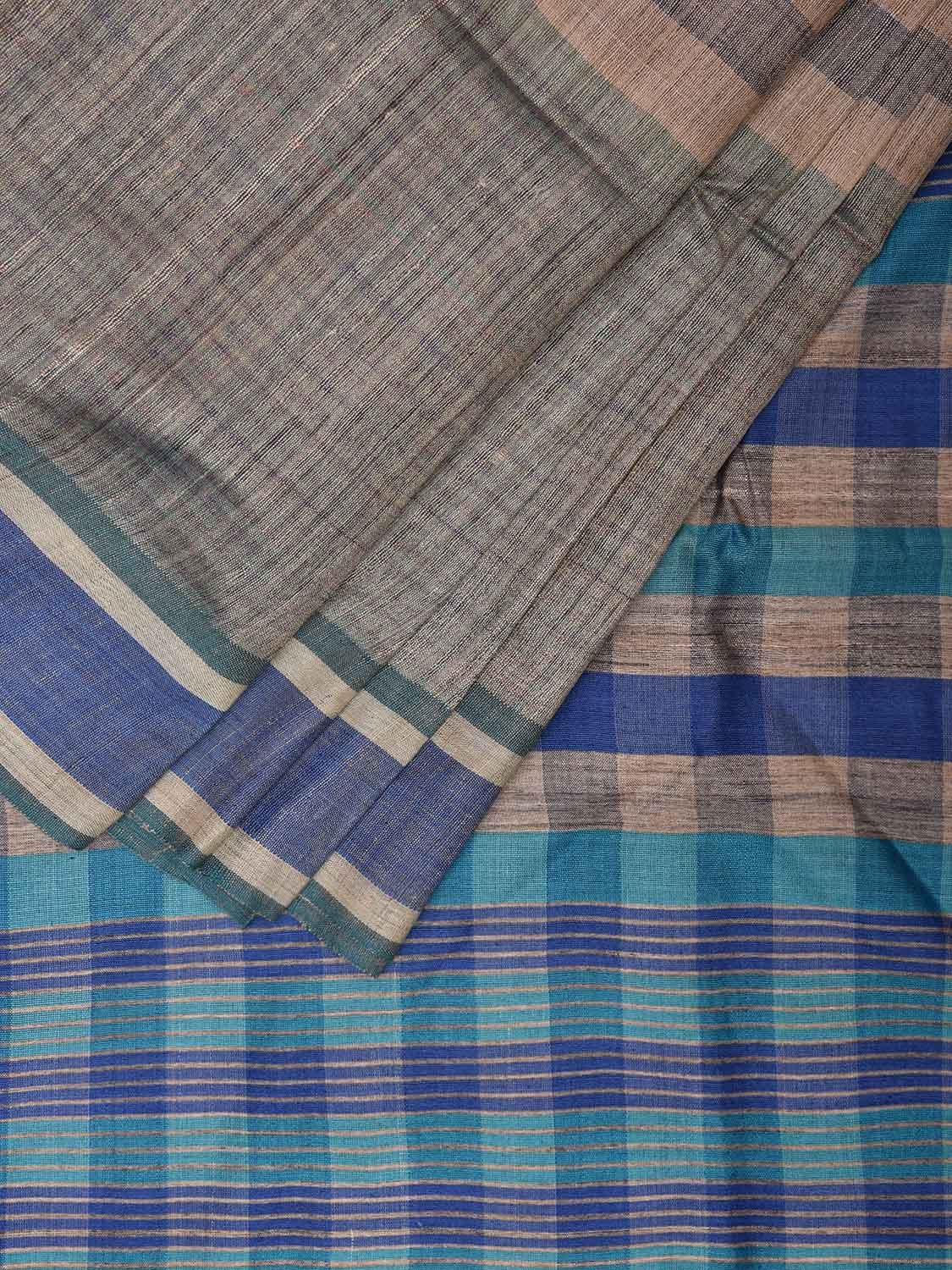 Grey and Blue Tussar Saree with Strips Body and Checks Pallu Design o0543