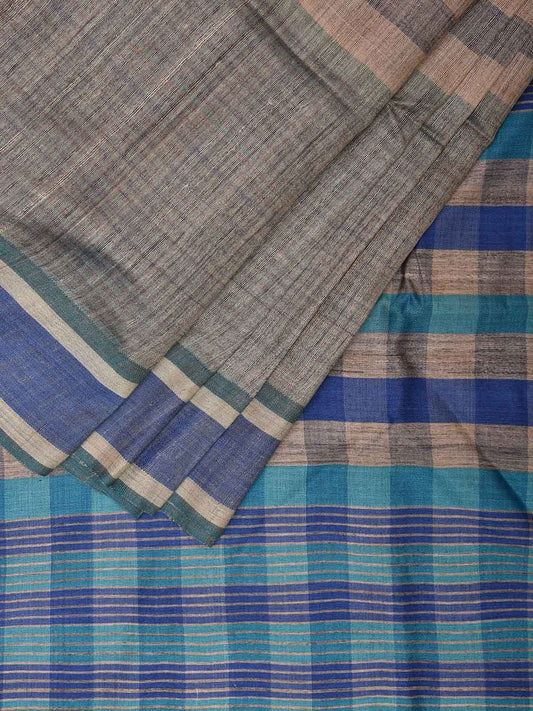 Grey and Blue Tussar Saree with Strips Body and Checks Pallu Design o0543