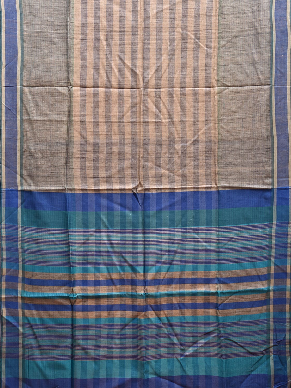 Grey and Blue Tussar Saree with Strips Body and Checks Pallu Design o0543