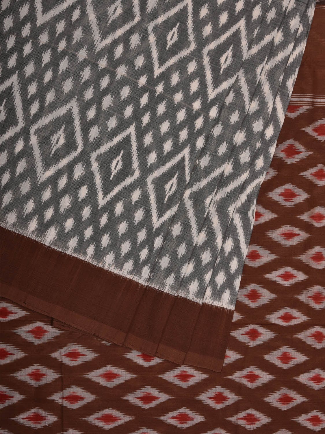 Grey and Brown Pochampally Ikat Cotton Handloom Saree with Grill Pallu Design i0734