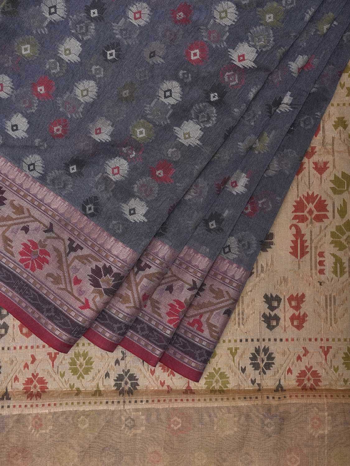 Grey and Cream Dhakai Jamdani Cotton Viscose Saree with Buta and Border Design dj0095