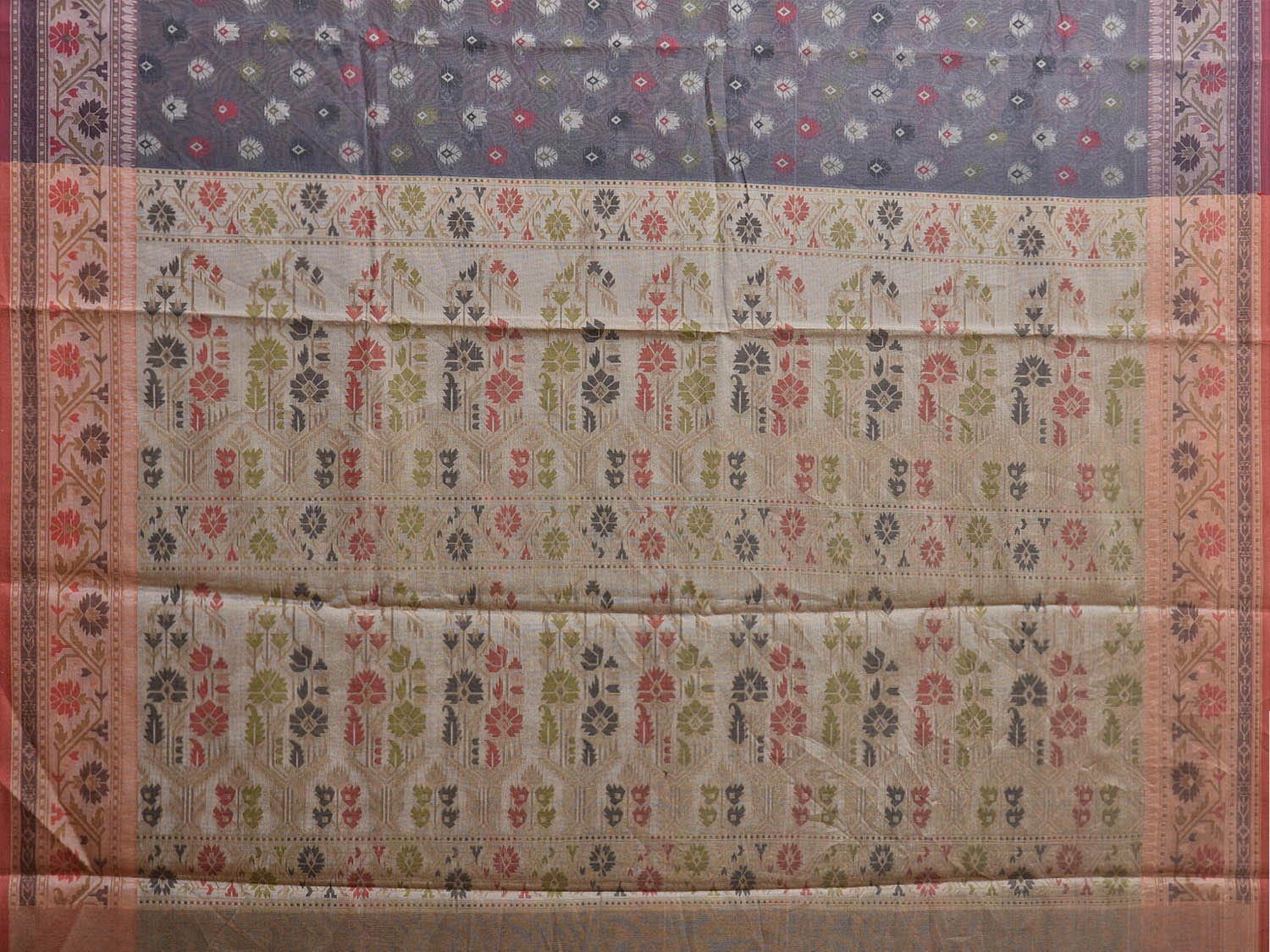 Grey and Cream Dhakai Jamdani Cotton Viscose Saree with Buta and Border Design dj0095