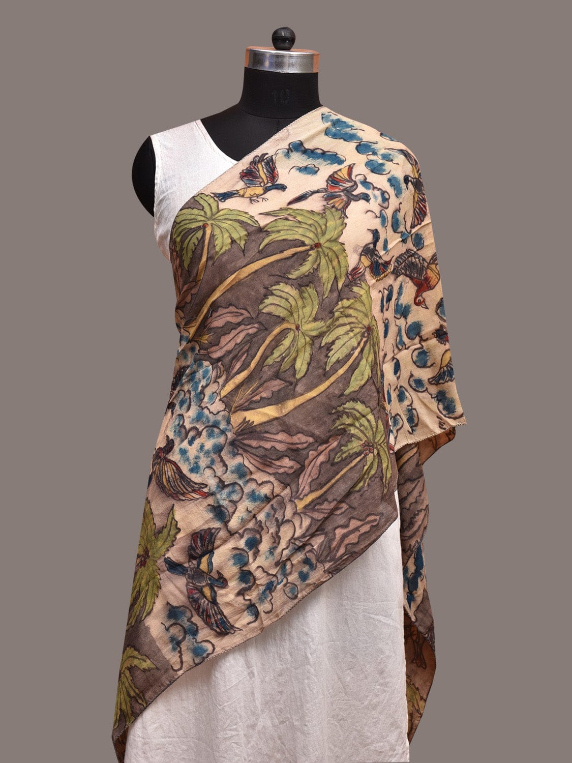 Grey and Cream Kalamkari Hand Painted Sico Stole with Birds and Trees Design ds3616