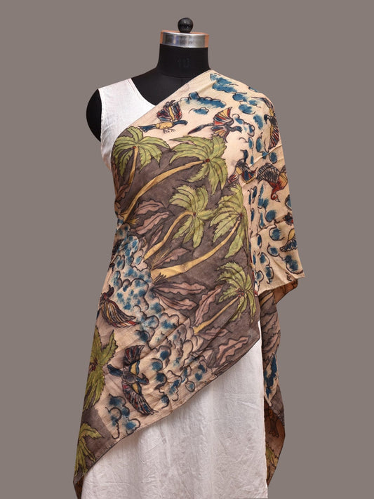 Grey and Cream Kalamkari Hand Painted Sico Stole with Birds and Trees Design ds3616