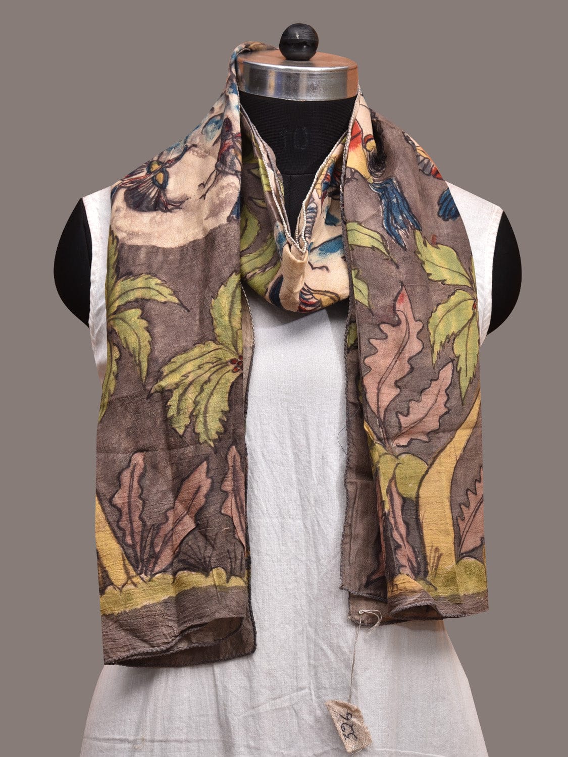 Grey and Cream Kalamkari Hand Painted Sico Stole with Birds and Trees Design ds3616