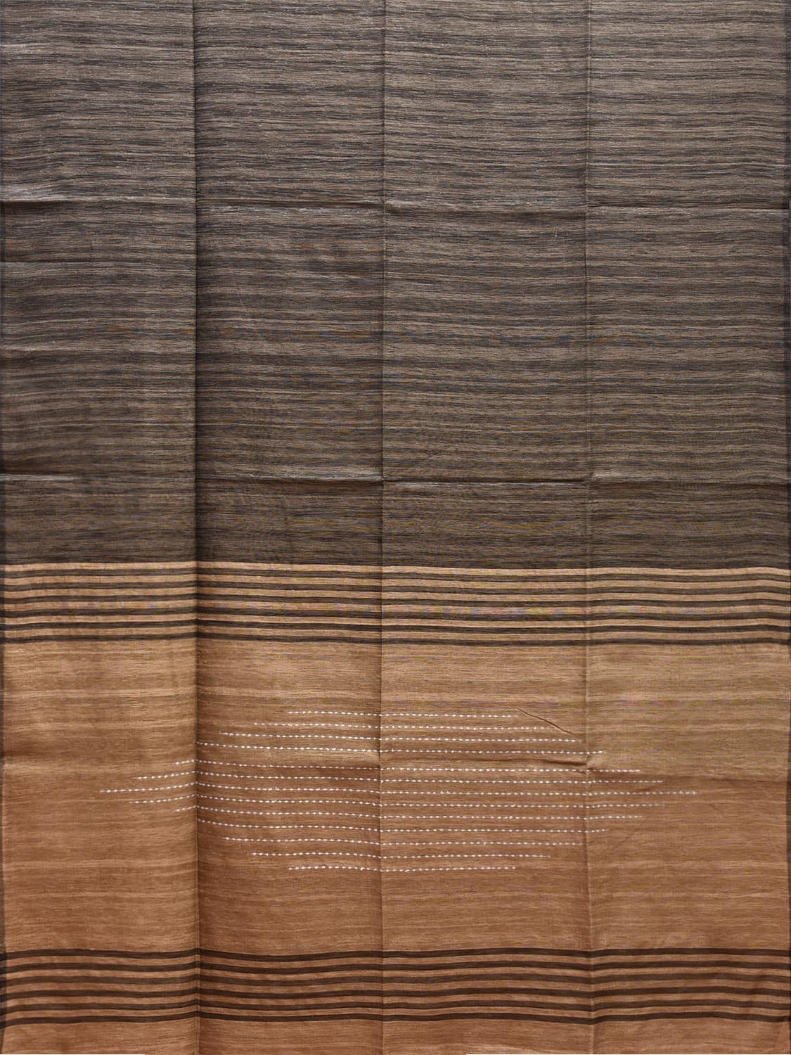 Grey and Cream Tussar Plain Saree with Strips Pallu Design o0566