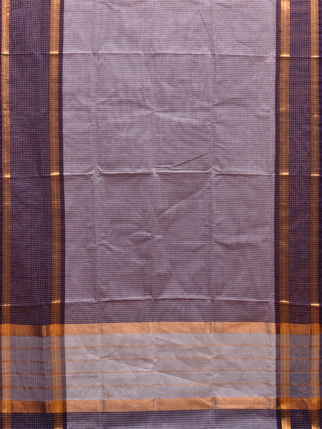 Grey and Dark Blue Kanchipuram Cotton Saree with Strips Body and Checks Border Design k0721