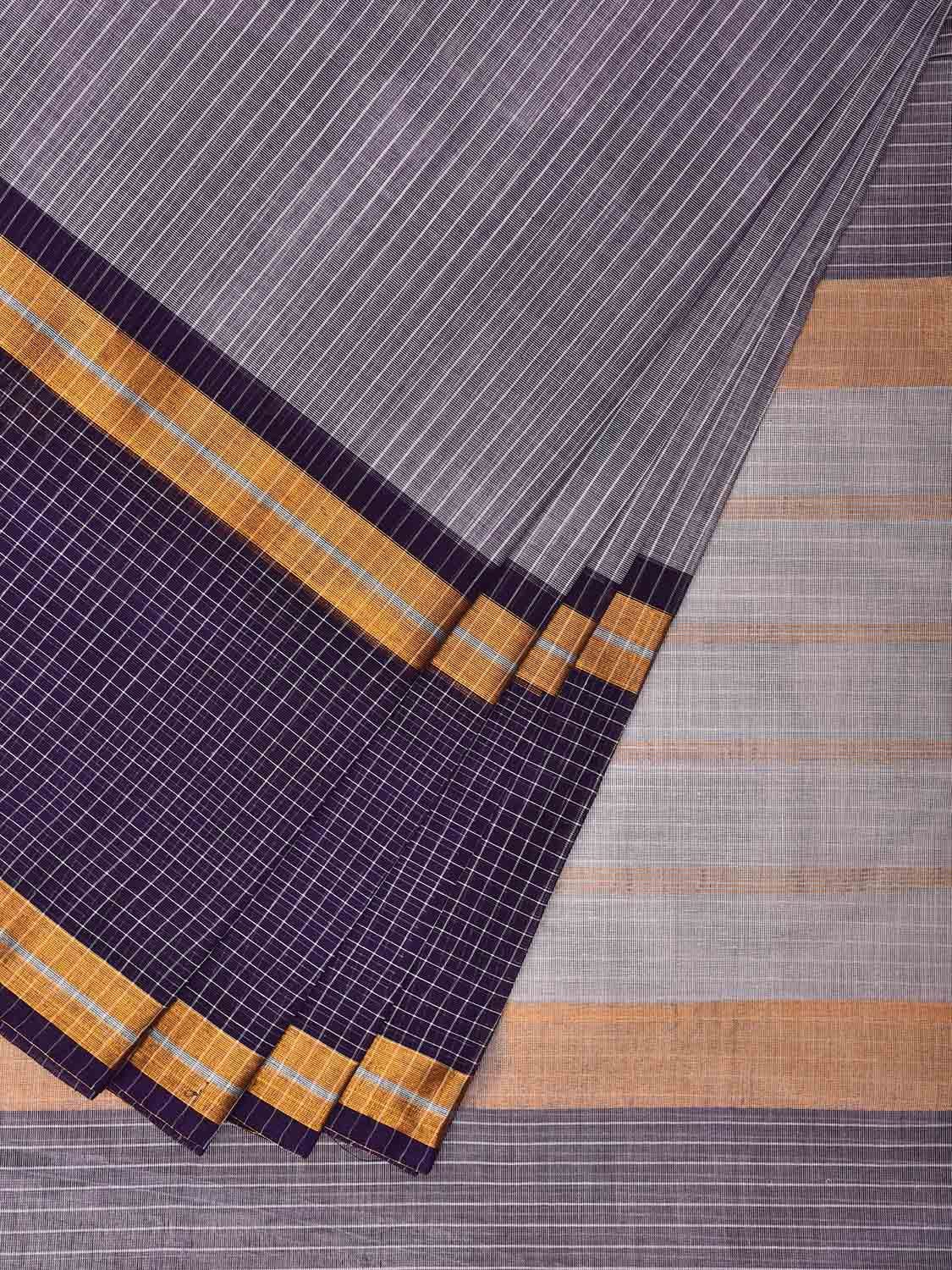 Grey and Dark Blue Venkatagiri Cotton Saree with Strips and Checks Border Design v0085