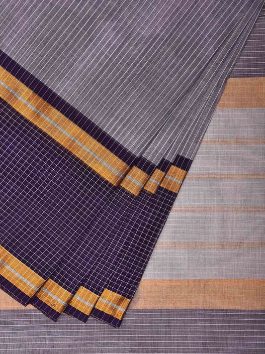 Grey and Dark Blue Venkatagiri Cotton Saree with Strips and Checks Border Design v0085