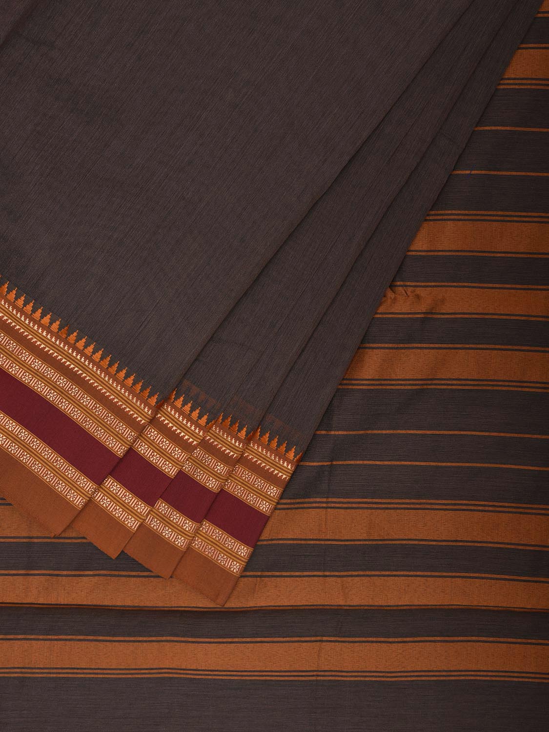 Grey and Fawn Bamboo Cotton Plain Saree with Strips Pallu Design No Blouse bc0682