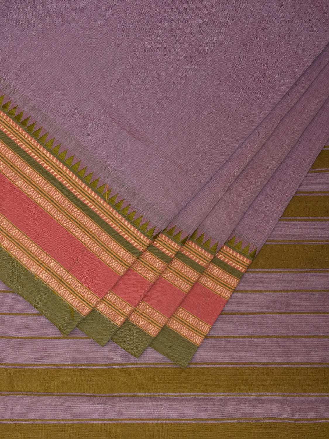 Grey and Green Bamboo Cotton Plain Saree with Strips Pallu Design No Blouse bc0341