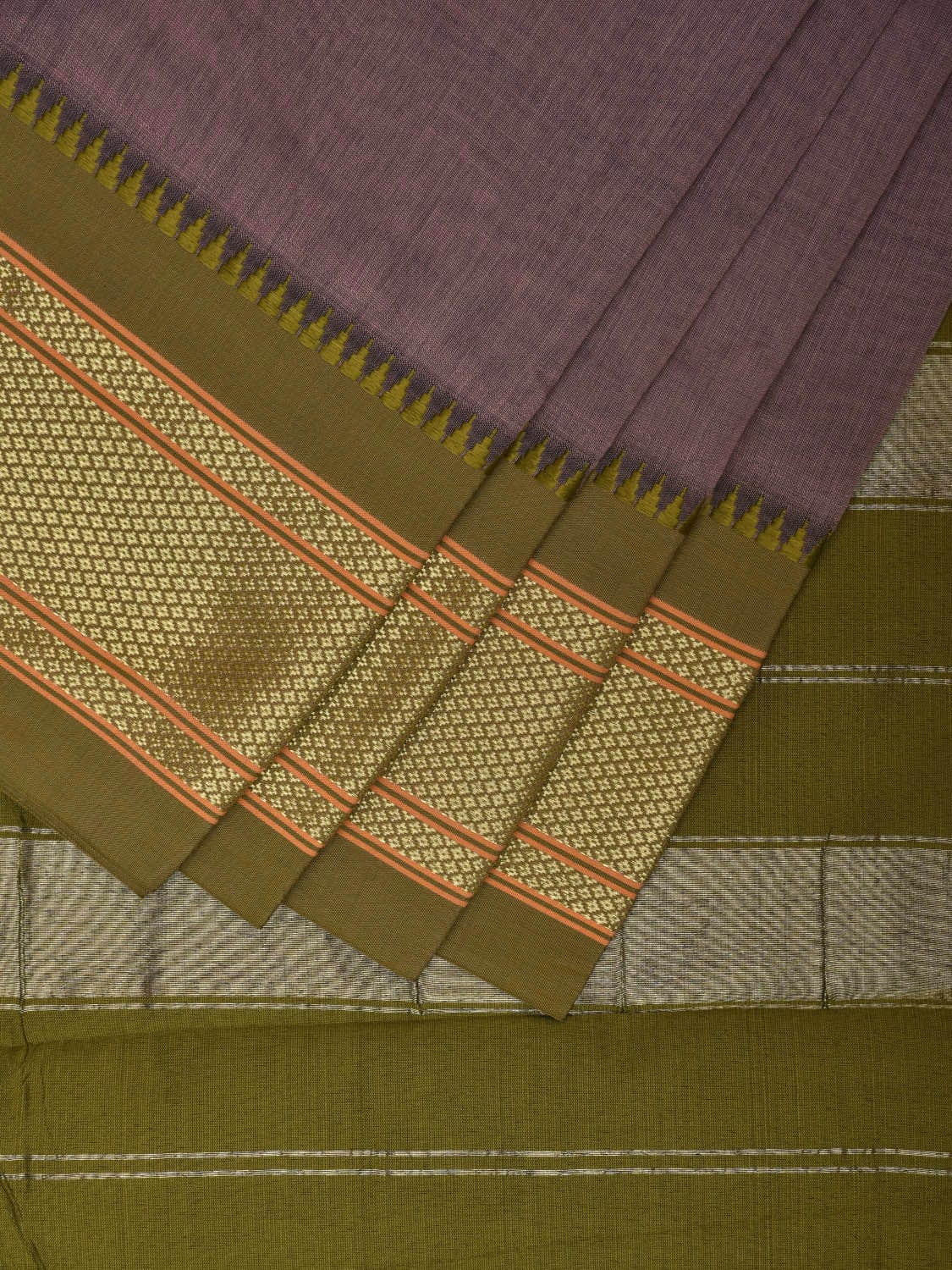 Grey and Green Bamboo Cotton Plain Saree with Strips Pallu Design No Blouse bc0350