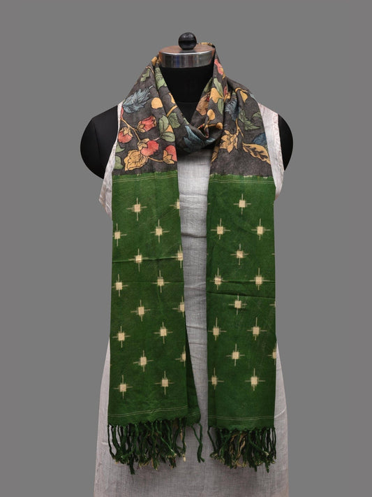 Grey and Green Kalamkari Hand Painted Ikat Cotton Handloom Dupatta with Floral Design ds2612