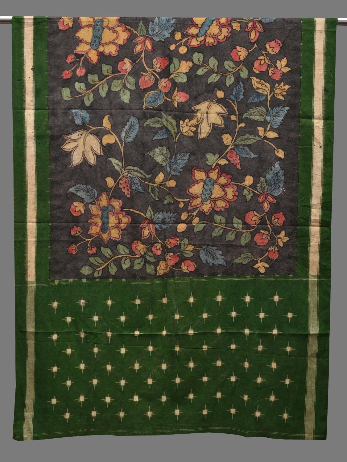 Grey and Green Kalamkari Hand Painted Ikat Cotton Handloom Dupatta with Floral Design ds2612