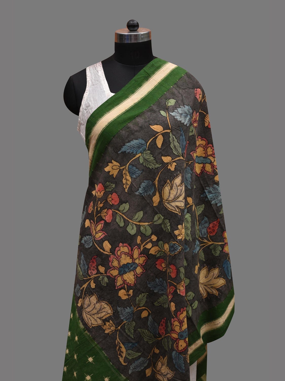 Grey and Green Kalamkari Hand Painted Ikat Cotton Handloom Dupatta with Floral Design ds2612
