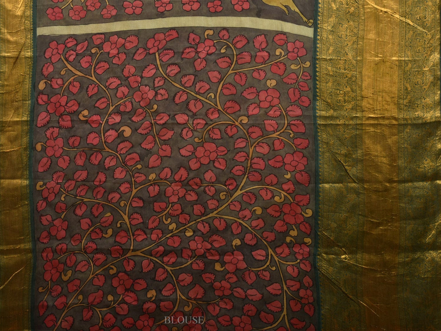 Grey and Green Kalamkari Hand Painted Kanchipuram Silk Handloom Saree with Deers and Floral Design KL0619