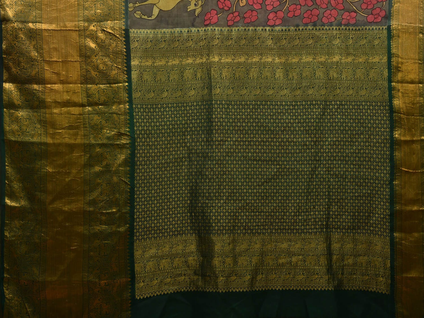 Grey and Green Kalamkari Hand Painted Kanchipuram Silk Handloom Saree with Deers and Floral Design KL0619