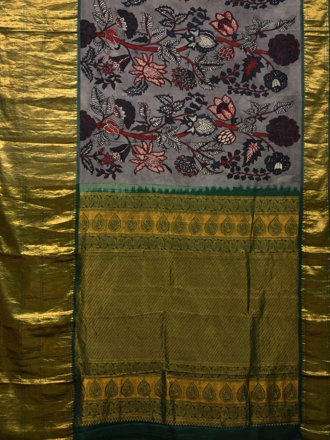 Grey and Green Kalamkari Hand Painted Kanchipuram Silk Handloom Saree with Floral Design KL0520