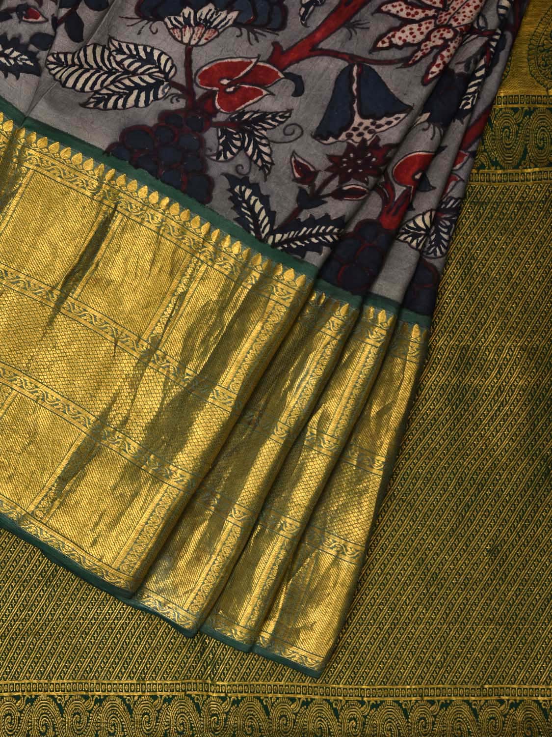 Grey and Green Kalamkari Hand Painted Kanchipuram Silk Handloom Saree with Floral Design KL0520